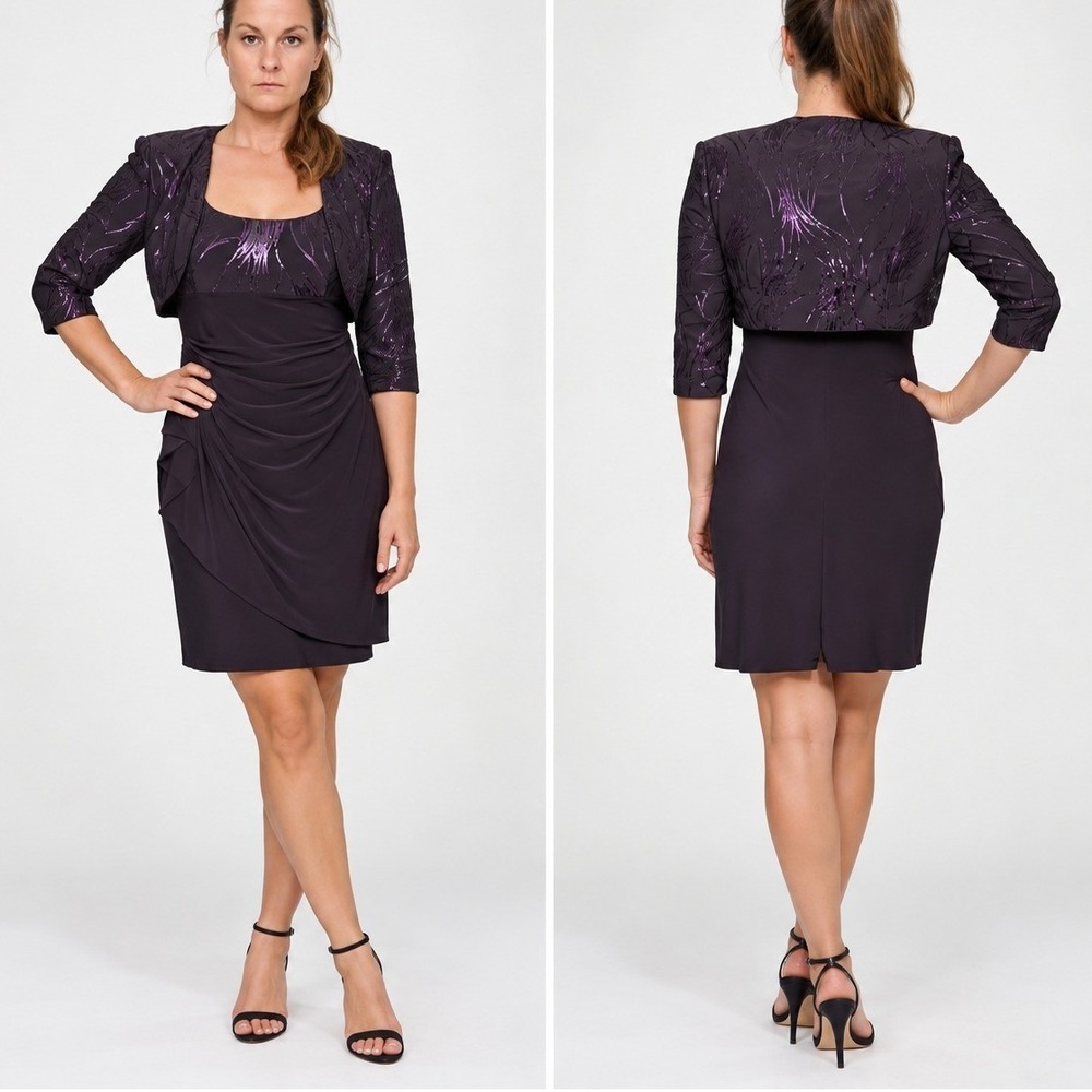 Alex Evenings Dress Purple Sequin Party Cocktail Petite Size 8P Wedding Guest